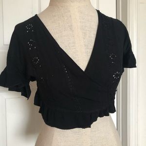 Ocean Drive Black Eyelet Wrap Top with Ruffle